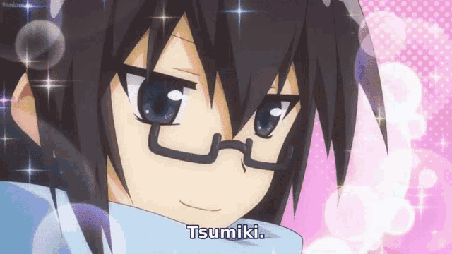 a close up of a cartoon character with the name tsumiki