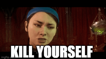 a woman with a blue headband and the words kill yourself on the bottom