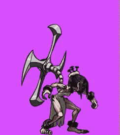a cartoon of a man with horns standing next to a large metal object .