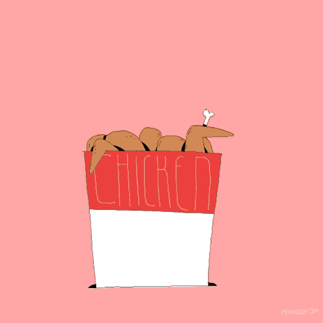 a cartoon of a woman holding a chicken in a bucket