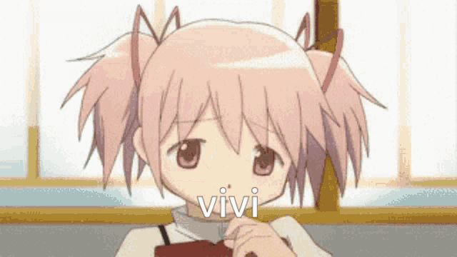 a pink haired anime girl is sitting in front of a window with the word vivi on her face .
