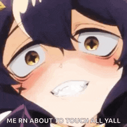 a close up of a person 's face with the words `` me rn about to touch all yall '' on it .