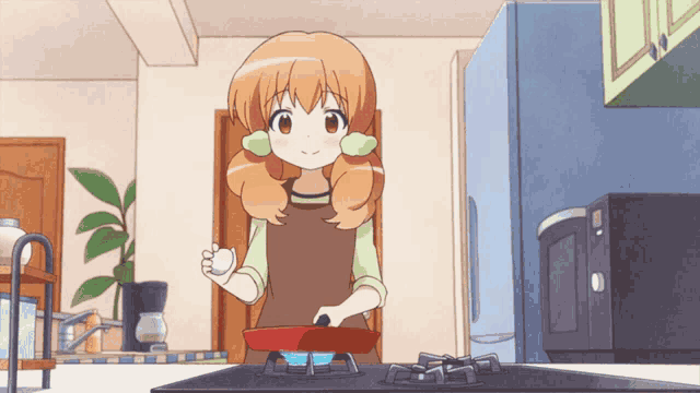 a cartoon girl is cooking in a kitchen and holding an egg