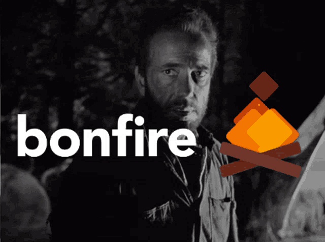 a man with a beard is standing in front of the bonfire logo
