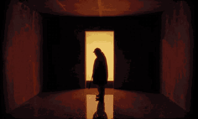 a man with a cane stands in front of a door