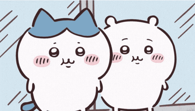 a couple of cartoon characters standing next to each other with one wearing a blue hat