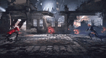 a video game scene with a man in a red jacket and a woman in a black outfit