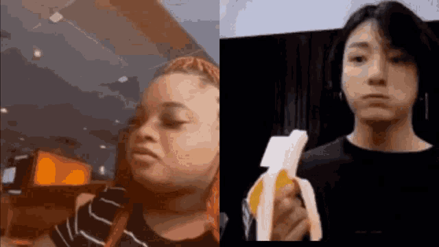 a woman is holding a banana next to a boy who is holding a banana .