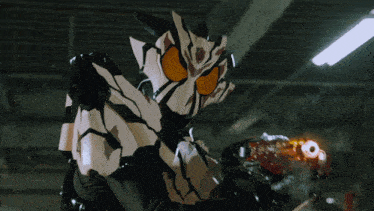 a cartoon character with a black and white outfit and orange eyes