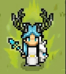 a pixel art drawing of a girl with blue hair and antlers holding a sword and shield .