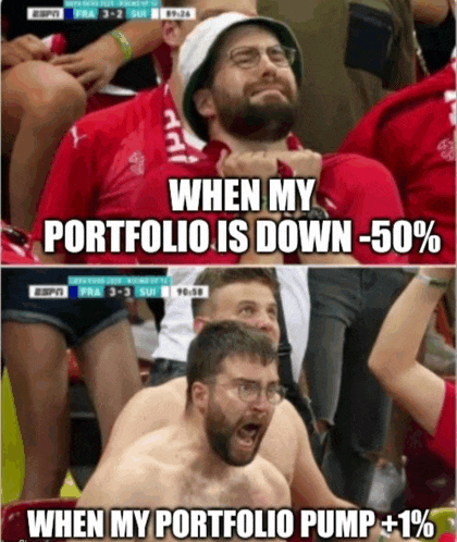 a shirtless man sitting in a crowd with a caption that says when my portfolio is down -50 % when my portfolio pump +1%