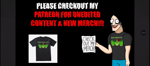 a cartoon of a man holding a sign that says check out my merch