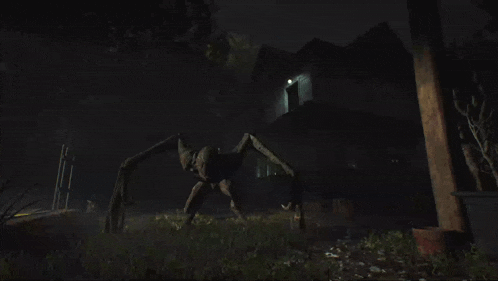 a monster standing in front of a house with a light on
