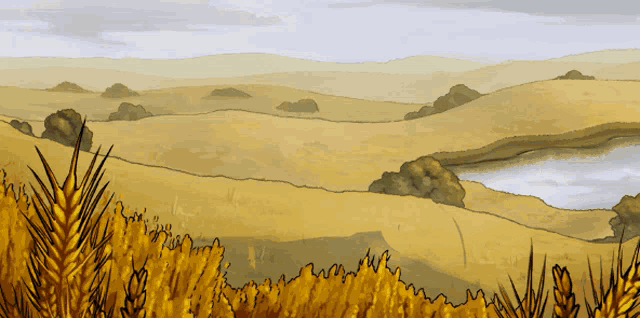 a drawing of a landscape with a lake in the background