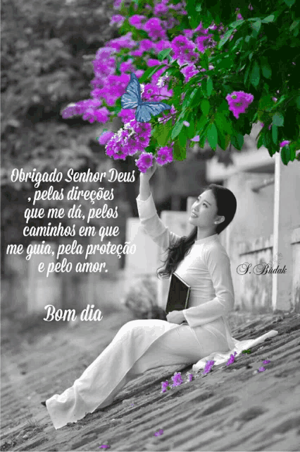 a black and white photo of a woman with purple flowers and a butterfly