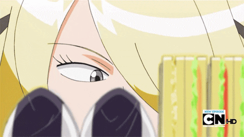 a cartoon of a girl looking at a sandwich with cn hd written on the bottom right