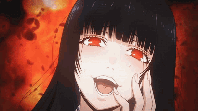 a girl with long black hair and red eyes is making a funny face