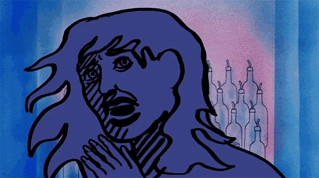 a drawing of a woman 's face with a bunch of bottles in the background
