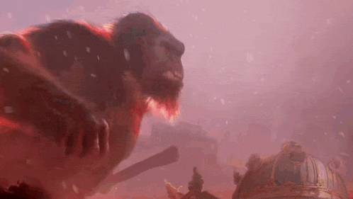 a giant monkey with a beard is standing next to a dome in a pink foggy area .