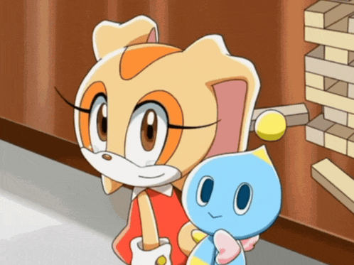 a cartoon of cream the rabbit holding a small blue toy