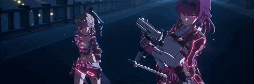 a girl with purple hair is holding a gun and a sword