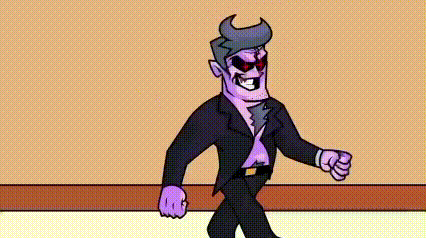 a cartoon of a man in a suit and sunglasses is walking down a hallway .