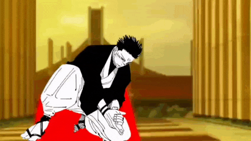 a black and white drawing of a man kneeling on a red carpet in front of a building .