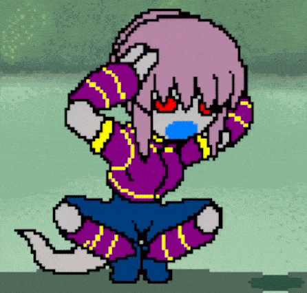 a pixel art of a girl with purple hair