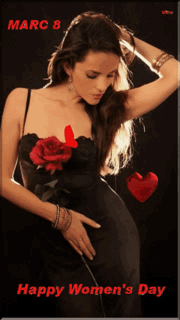 a woman in a black dress with a red rose on her chest and the words happy women 's day on the bottom