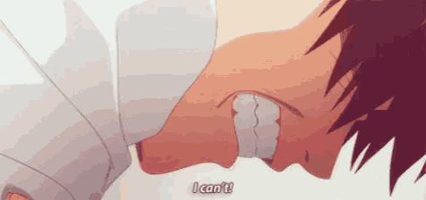 a close up of a person laying down with their mouth open and the words `` i can 't '' written on it .