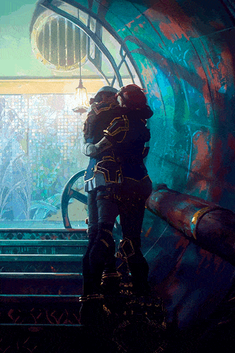 a painting of two people hugging in a room with a stained glass window