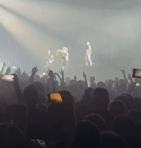 a group of people are taking pictures of a band on stage