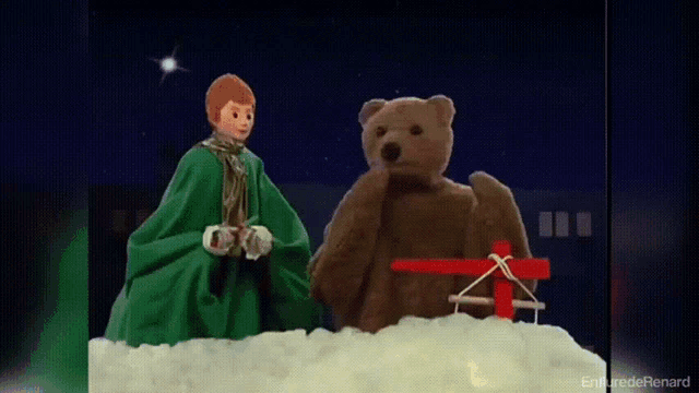 a cartoon of a boy and a teddy bear with the letters ha glowing in the background