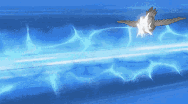 a bird is flying through a blue sky with a beam of light coming out of it .