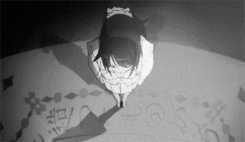 a black and white drawing of a girl kneeling down on a table .