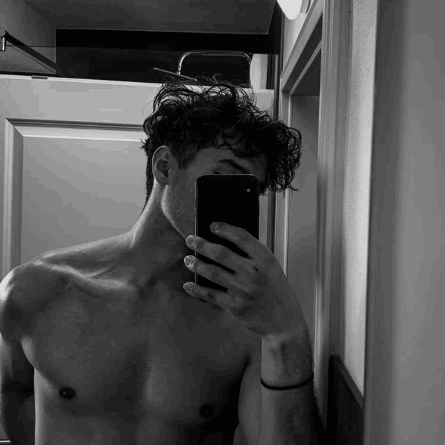 a shirtless man is taking a selfie in a mirror