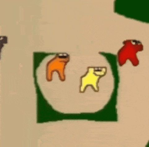 a group of among us characters are standing in a circle .