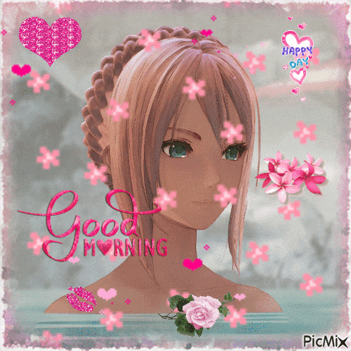 a picture of a girl that says good morning