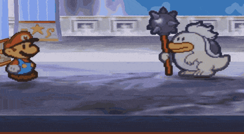 a cartoon of mario and a duck with a sword