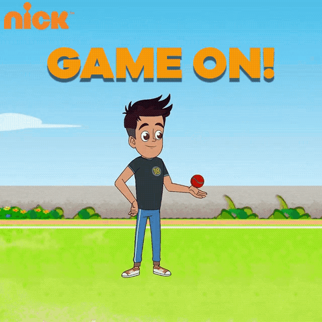 a cartoon of a boy holding a red ball with the words game on above him