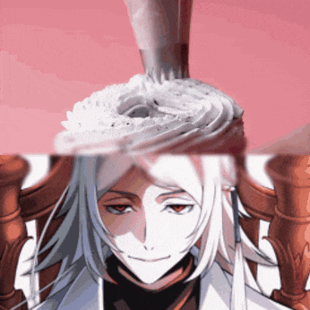 a man with long white hair and a cupcake on his head is smiling