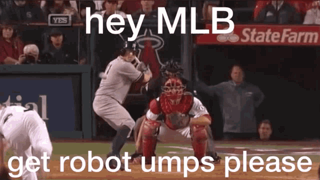 a baseball player getting ready to hit a ball with a caption that says hey mlb get robot umps please ..