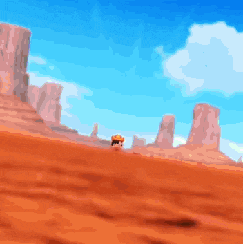 a cartoon drawing of a desert landscape with a blue sky