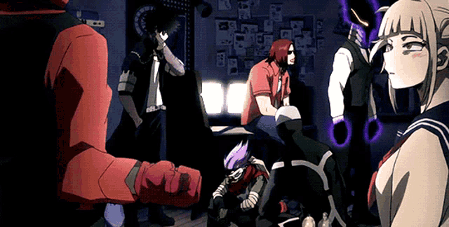 a group of anime characters are standing in a dark room