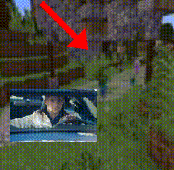 a red arrow points to a picture of a man driving a car in a video game