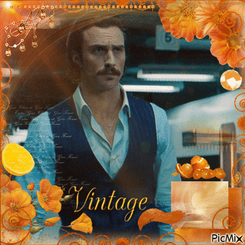 a picture of a man with a mustache is surrounded by orange flowers and the word vintage