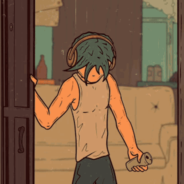 a cartoon of a man wearing headphones and holding a can of soda