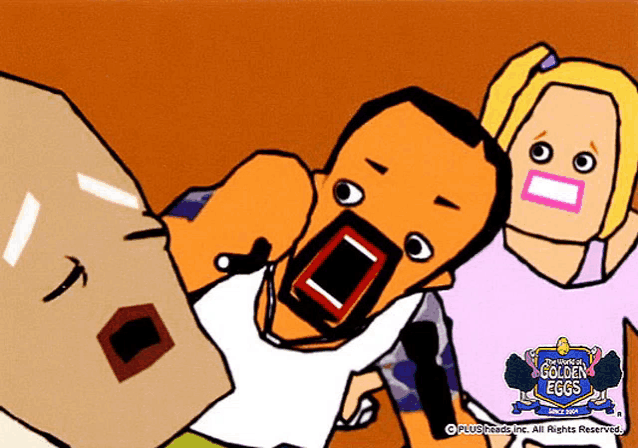 a cartoon drawing of a man and a woman with the words golden eggs on the bottom