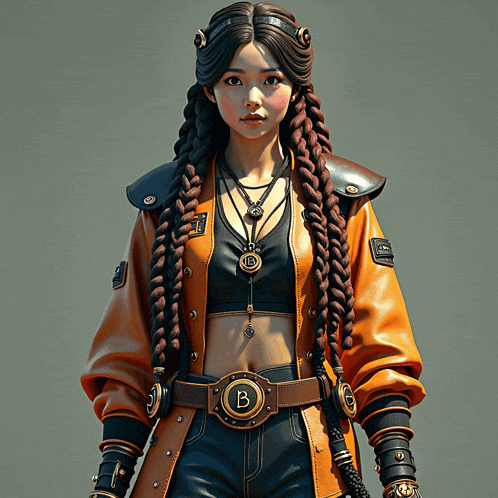 a woman with braids is wearing a belt with a b on it