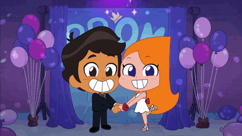 a boy and a girl are dancing in front of a prom sign